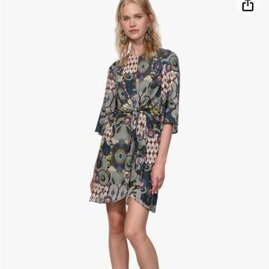 NWT Womens Desigual Mina 3/4 Sleeve Geometric Tie Front Dress size 44 (US 10)